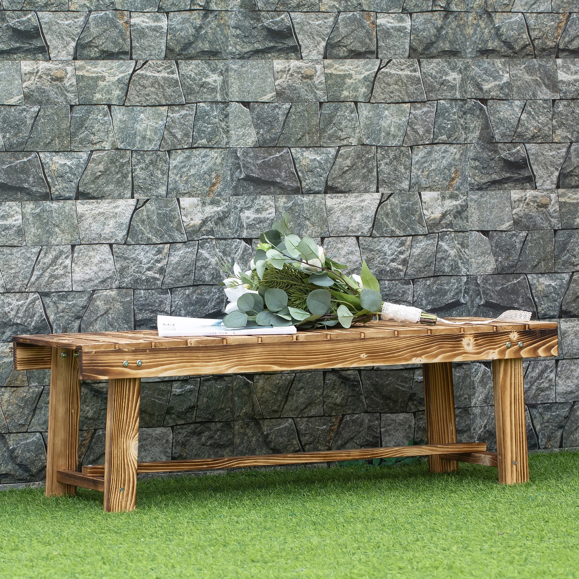 1 Piece 2-seater Outdoor Indoor Wooden Garden Bench Fir Patio Loveseat, 110L x 38W x 35Hcm, Carbonised