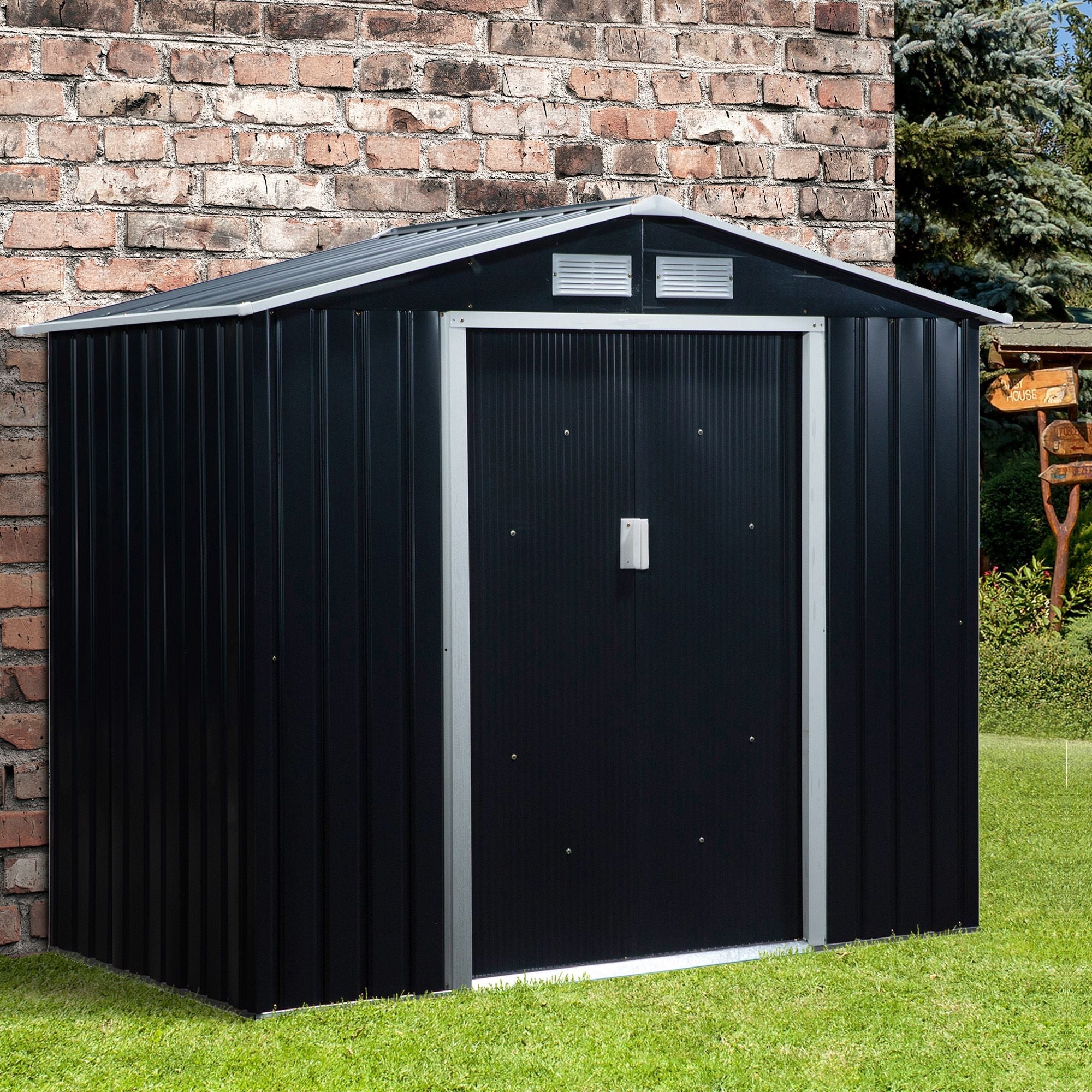 7 x 4ft Weatherproof Shed, Outdoor Bike Storage Shed with Ventilation Slots, Foundation Kit and Lockable Double Doors, Dark Grey