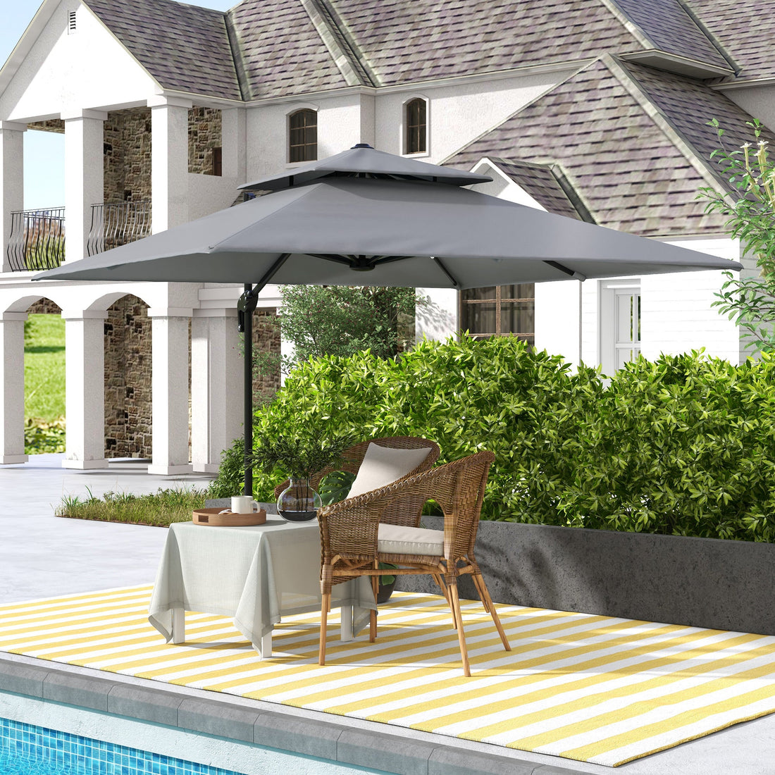 3 x 3(m) Cantilever Parasol with Aluminium Frame, Crank and Tilt, 360° Rotation, Double Top Garden Umbrella with Base and Cover, Light Grey