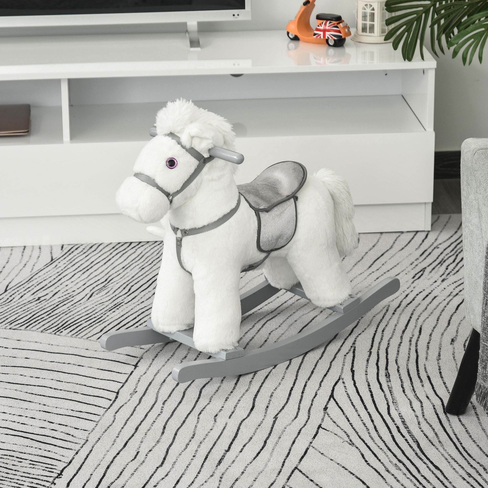 Kids Plush Ride-On Rocking Horse Toy Rocker with Plush Toy Realistic Sounds for Child 18-36 Months White