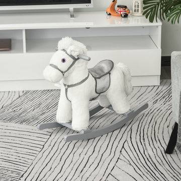 Kids Plush Ride-On Rocking Horse Toy Rocker with Plush Toy Realistic Sounds for Child 18-36 Months White