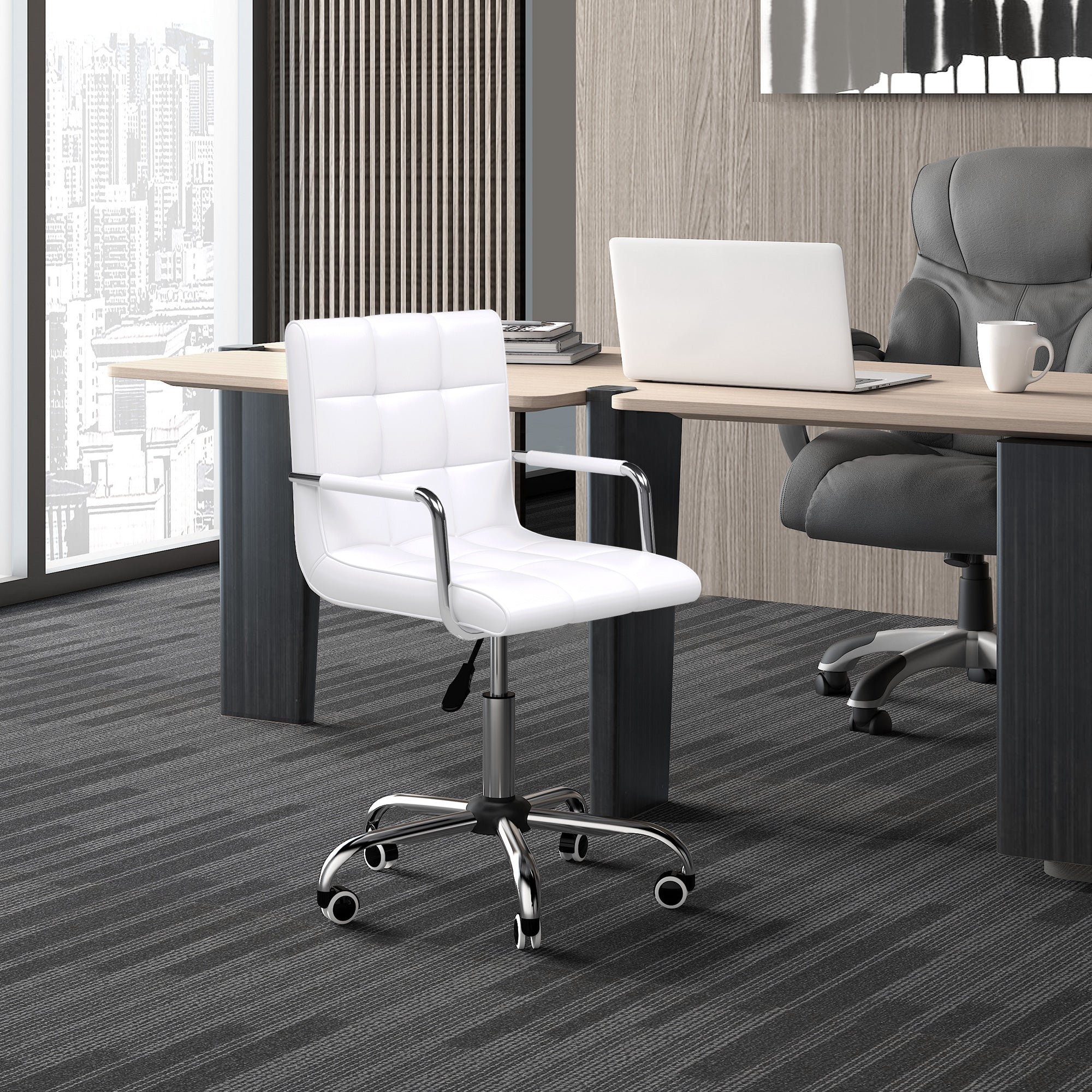 Office Chair, Makeup Vanity Chair, Mid Back Computer Chair, PU Leather Swivel Study Chair with Adjustable Height, Armrest and Rolling Wheels, White