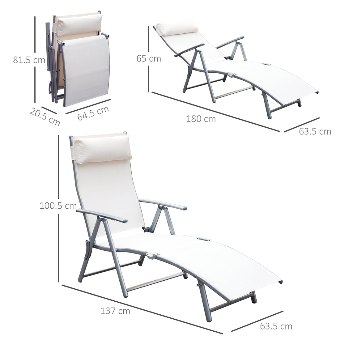 Sun Lounger Steel Frame Outdoor Folding Chaise Texteline Lounge Chair Recliner with Headrest & 7 Levels Adjustable Backrest, Cream White