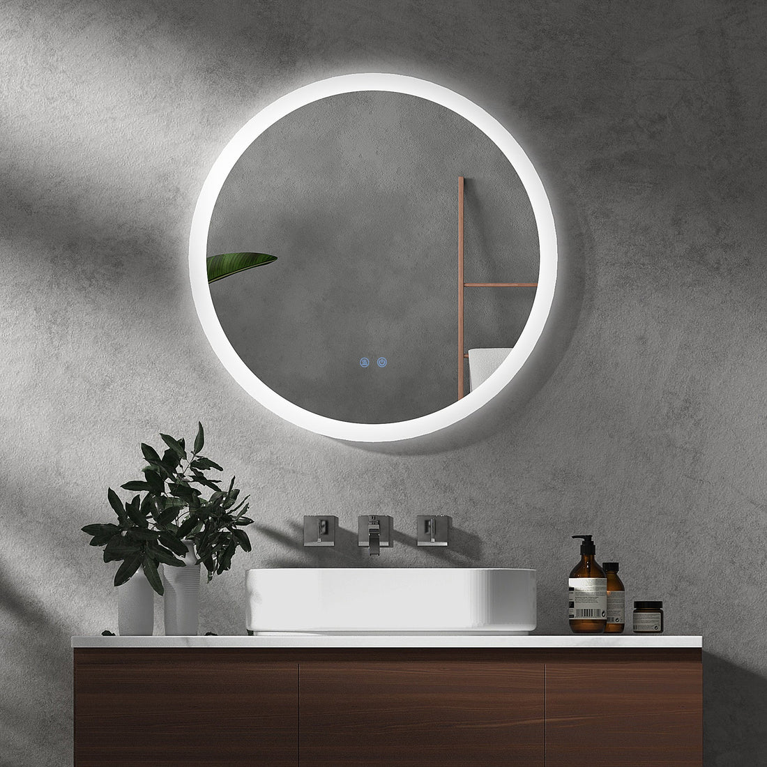Round Bathroom Mirror with LED Lights, Wall-Mounted Dimmable Makeup Mirror with 3 Temperature Colours, Defogging Film, Memory Function, Hardwired, 70 x 70 cm