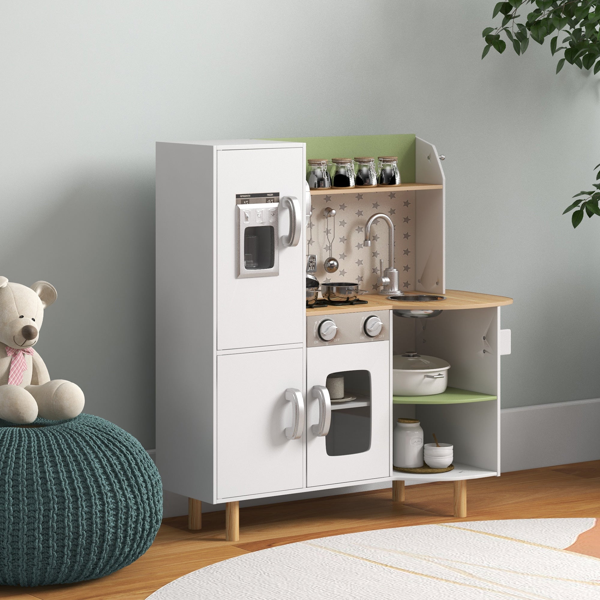 Toy Kitchen, Kids Play Kitchen, Role Playing Game with Phone, Ice Maker, Stove, Utensils, for 3-6 Years, White