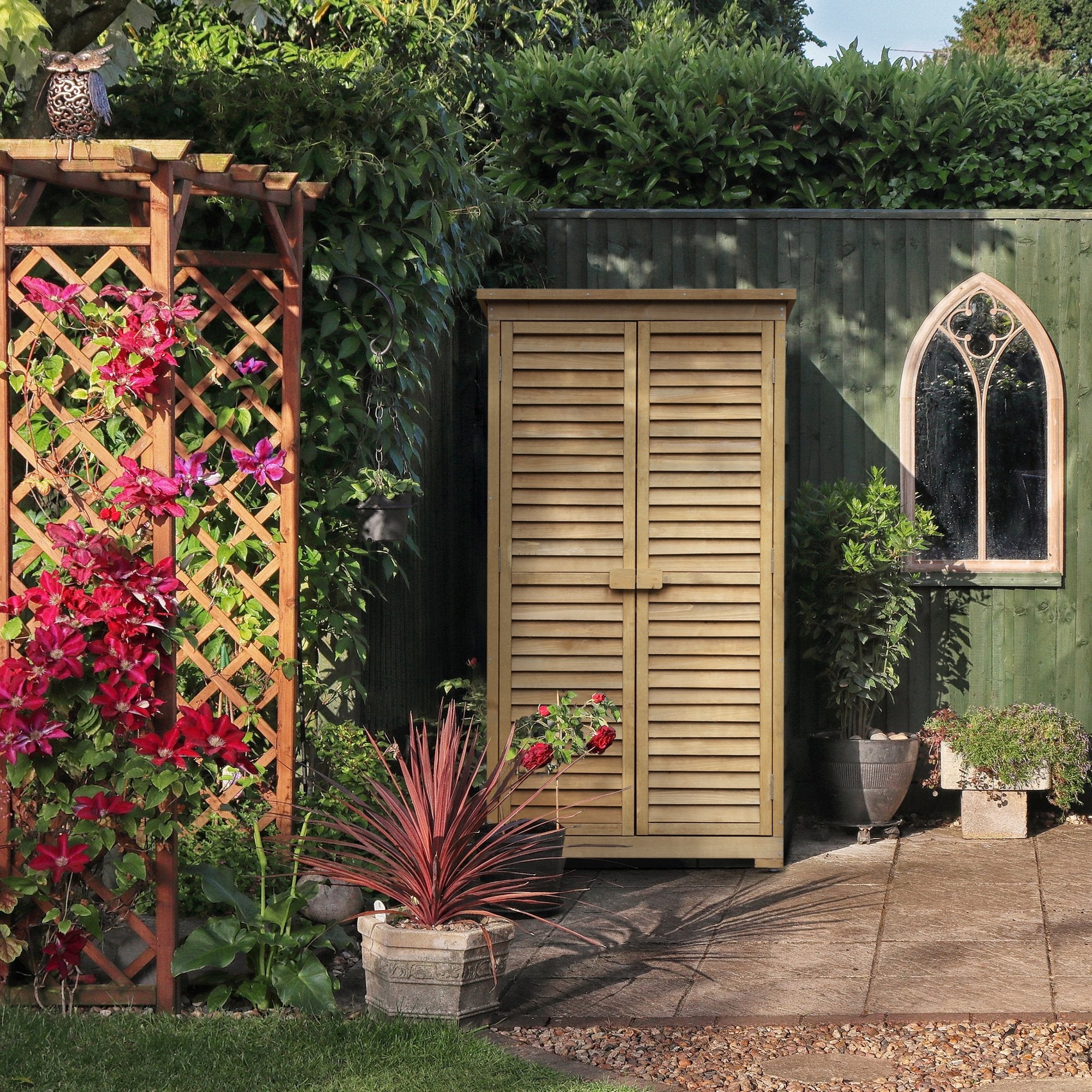 Wooden Garden Storage Shed, Compact Utility Sentry Unit, 3-Tier Shelves Tool Cabinet Organizer with Asphalt Roof and Shutter Design, 87cm x 47cm x 160cm