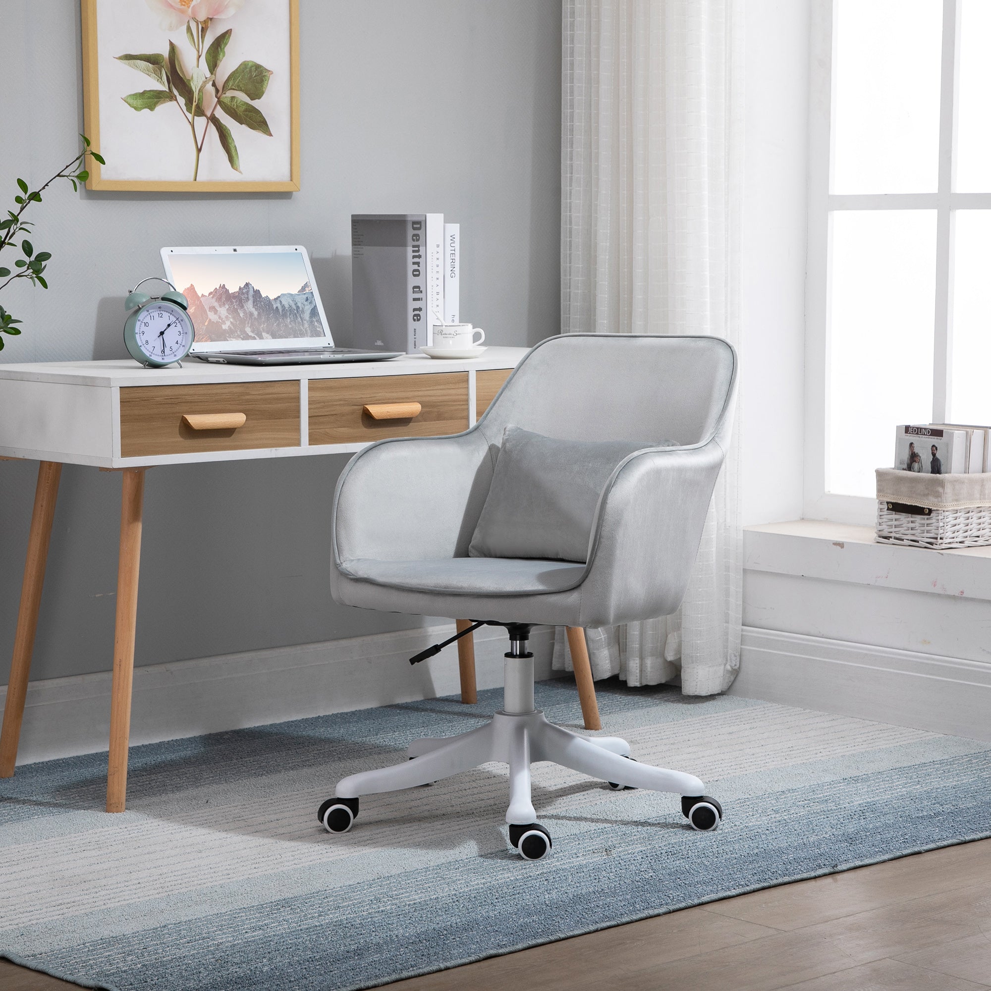 Velvet Office Chair, Desk Chair, Makeup Vanity Chair with Massage Lumbar Pillow and Rolling Wheels for Bedroom and Home, Grey