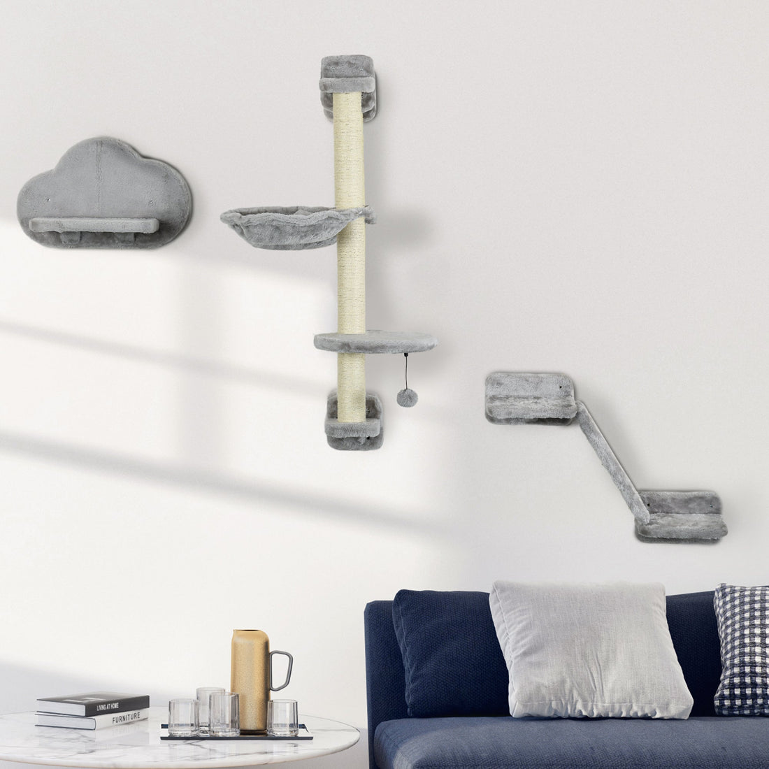 Three-Piece Wall-Mounted Cat Shelves, with Hammock, Ladder, Platforms, Scratching Post - Grey
