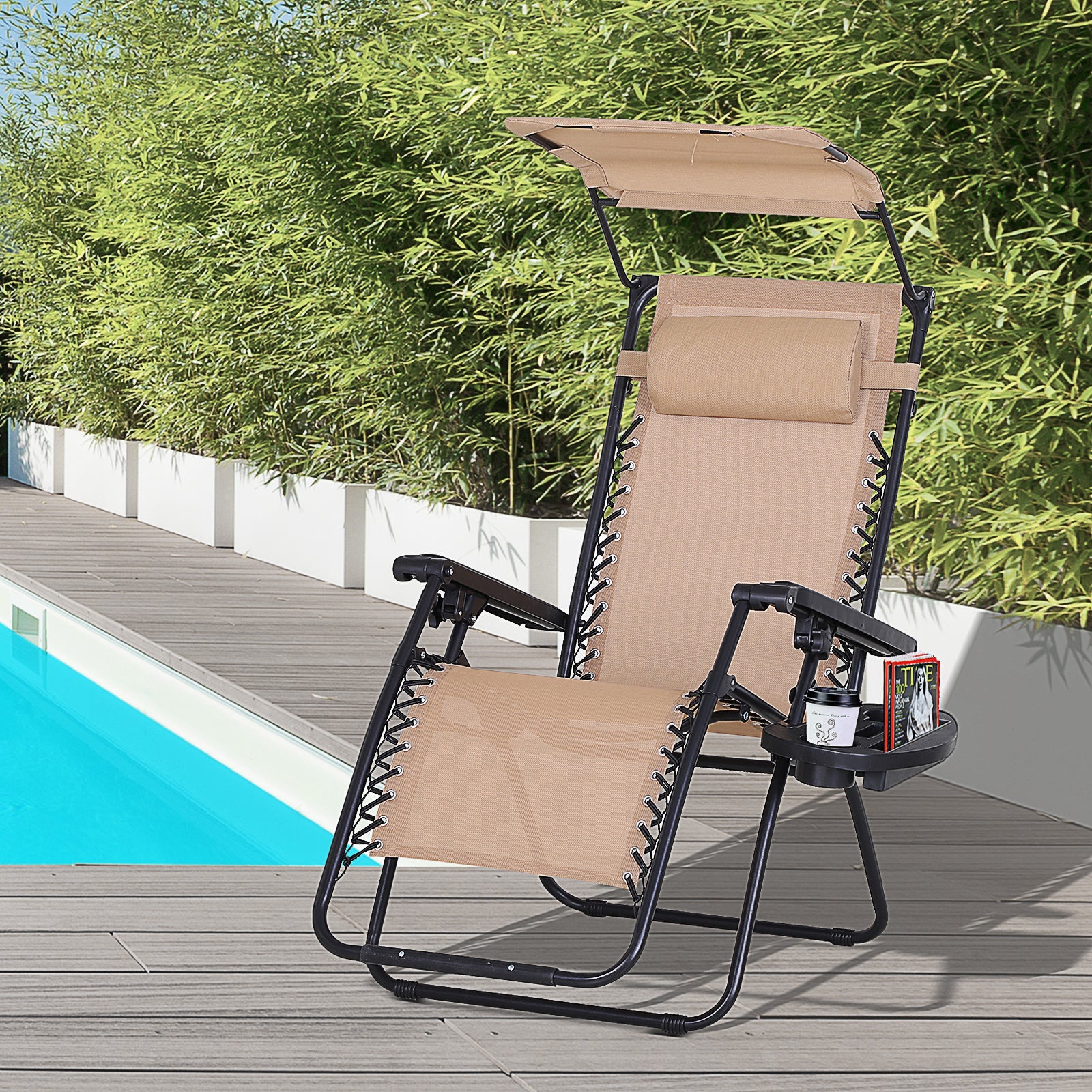 Foldable Reclining Garden Chair with Headrest, Zero Gravity Deck Sun Lounger Seat Chair with Footrest, Armrest, Cup Holder & Canopy Shade, Beige