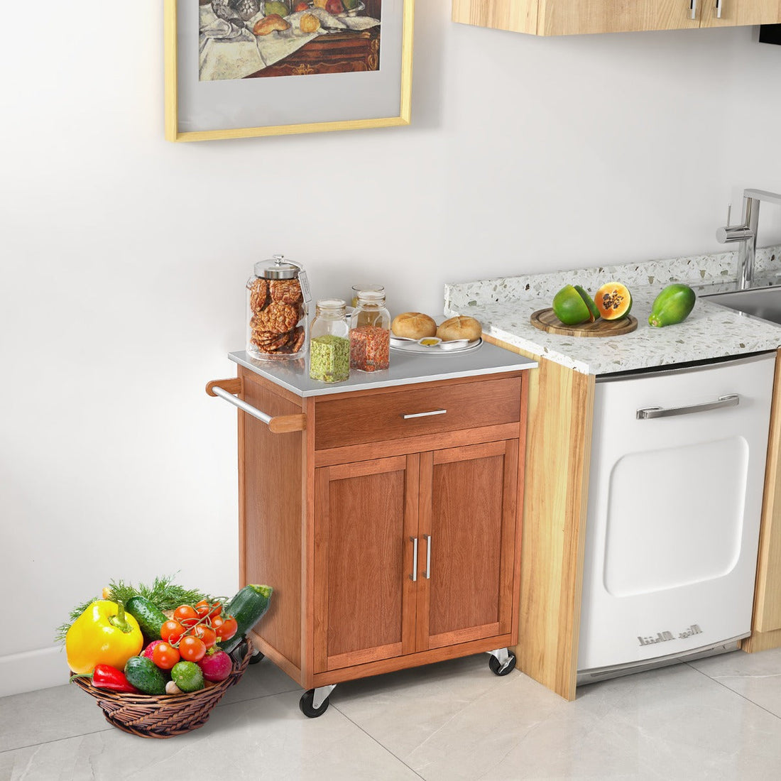 Kitchen Cart with Stainless Steel Countertop and 3-Position Adjustable Shelf