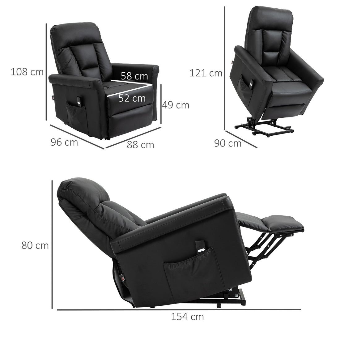 Power Lift Chair Armchair for the Elderly, PU Leather Recliner Chair with Extended Footrest, Remote Control and Side Pocket, Black