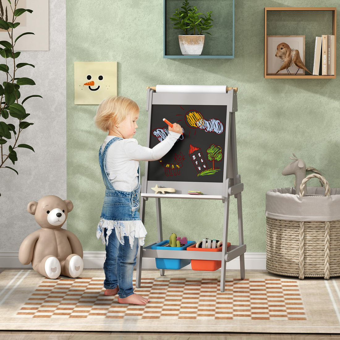 Art Easel for Kids with Paper Roll, Double Sided Painting Easel with Chalk Board, White Board
