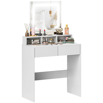 Dressing Table with Mirror and LED Lights, Vanity Table with 2 Drawers, 3 Compartments, 3 Colour Lighting, for Bedroom, Modern Dresser Makeup Desk for Women and Girls, White