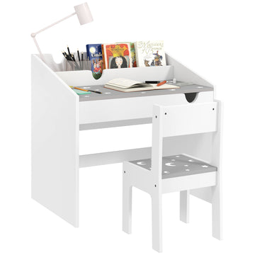 Children Study Table and Chair, Kids Desk and Chair Set with Storage, Pull-out Drawer, Gift for 3-6 Years Old - Grey
