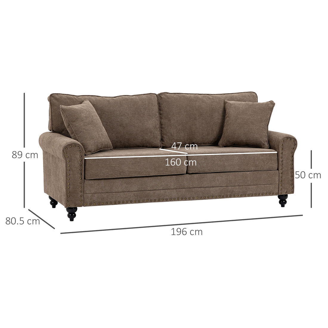 3 Seater Sofas for Living Room, Fabric Sofa with Nailhead Trim, Cushions and Pillows, Brown