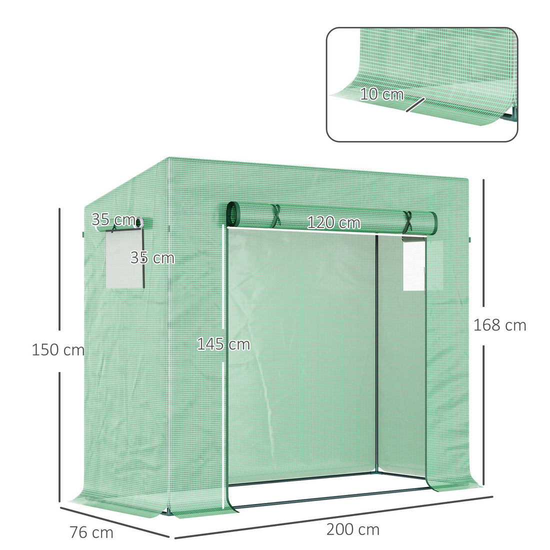 Small Walk-in Garden Greenhouse with Steel Frame, Large Roll-up Door and Windows, 200Lx76Wx168Hcm, Green