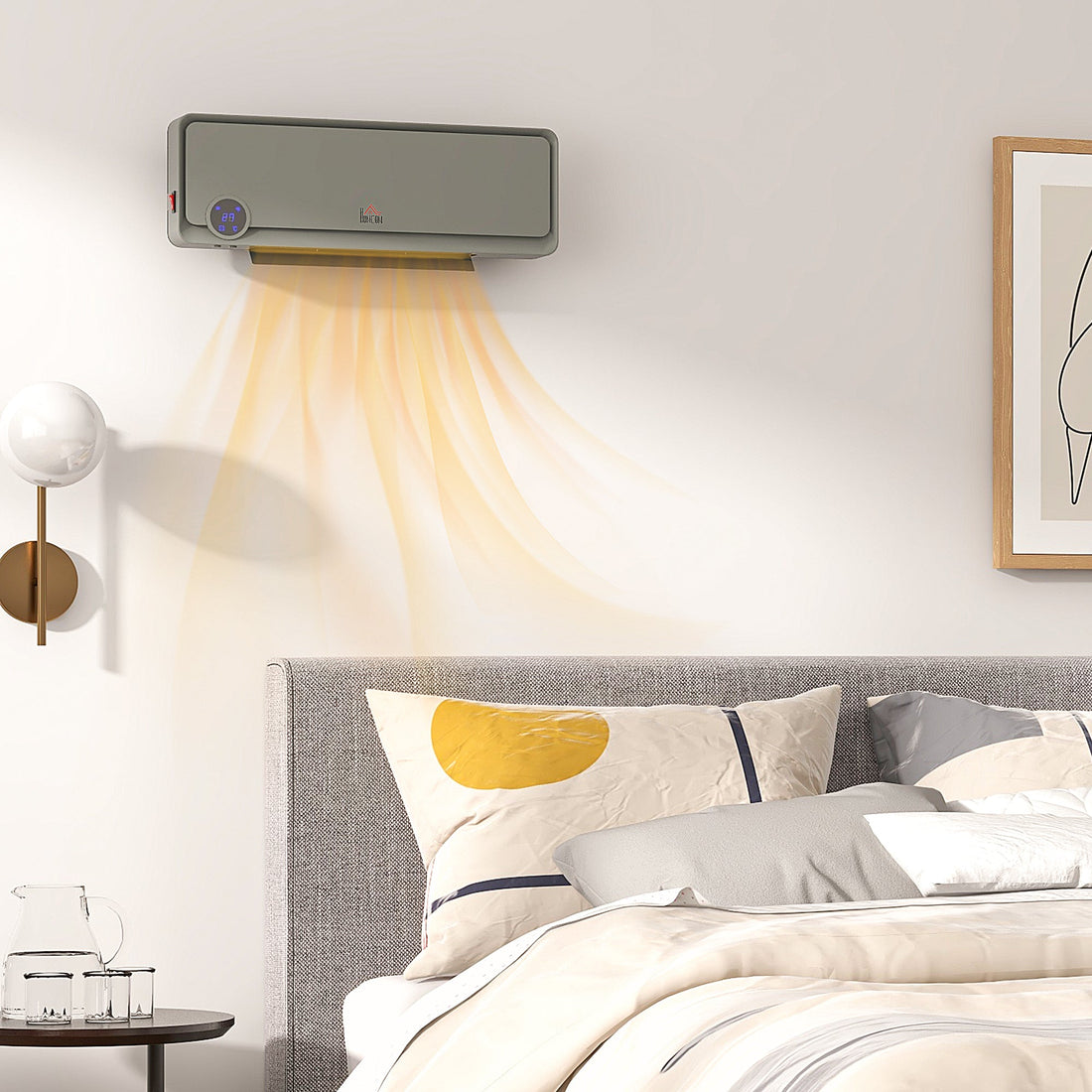 Wall Downflow Heater 2 Heat and Fan 1000W/2000W, Electric Space Heater with Timer Remote Oscillating, for Bedroom Home Office, Grey
