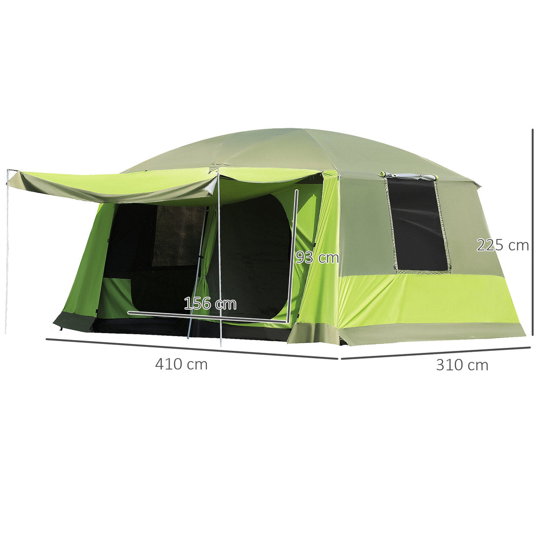 Tunnel Tent Camping Shelter w/ Porch, Two Rooms, Lamp Hook, Portable Carry Bag