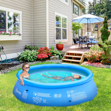 274cm x 76cm Inflatable Swimming Pool Family-Sized Blow Up Pool Round Paddling Pool with Hand Pump for Adults, Outdoor, Garden and Backyard, Blue