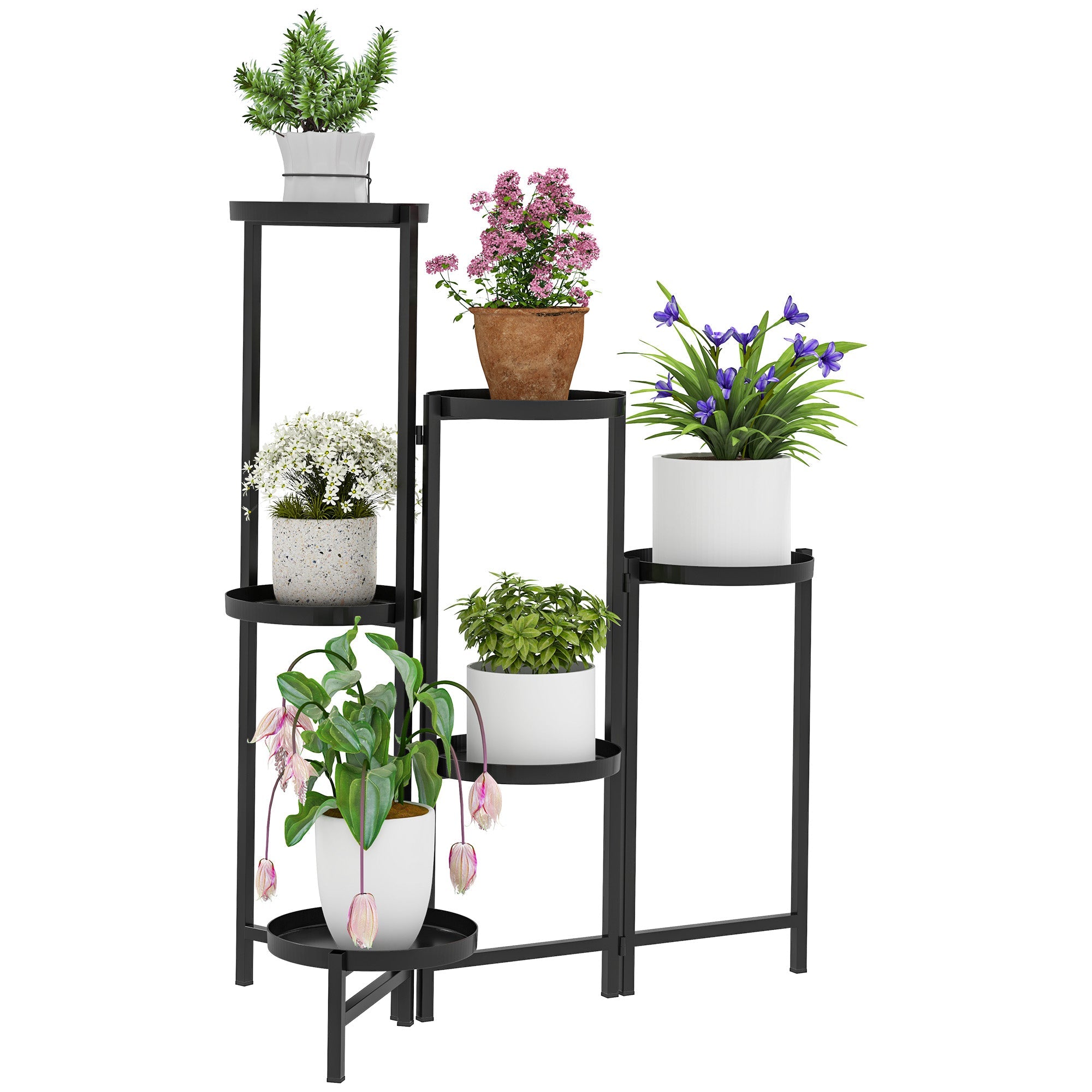 3 Tier Plant Stand Indoor Outdoor, Foldable Corner Plant Stands for Multiple Plants, Metal Round Flower Pot Holder for Patio Garden Balcony Living Room, Black