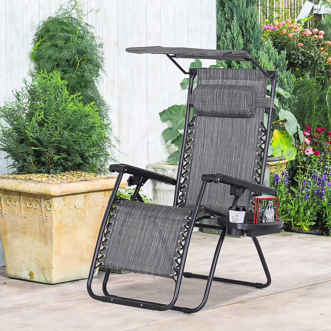 Foldable Reclining Garden Chair with Headrest, Zero Gravity Deck Sun Lounger Seat Chair with Footrest, Armrest, Cup Holder & Canopy Shade, Grey