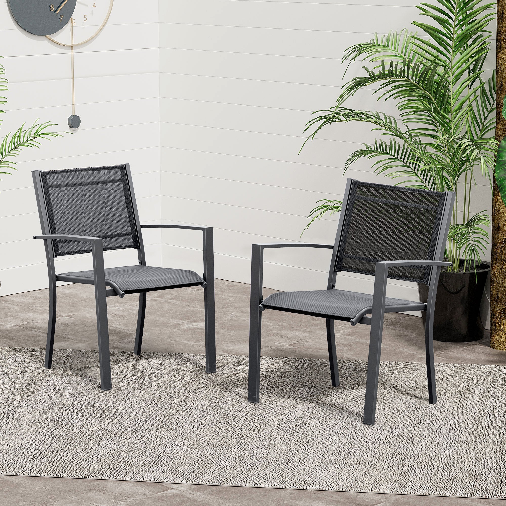 Garden Chairs Set Of 2 Outdoor Chairs with Steel Frame Texteline Seats for Dining Patio Balcony Dark Grey and Black