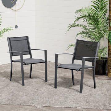 Garden Chairs Set Of 2 Outdoor Chairs with Steel Frame Texteline Seats for Dining Patio Balcony Dark Grey and Black