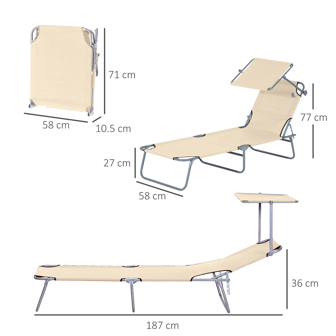 Outdoor Foldable Sun Lounger, 4 Level Adjustable Backrest Reclining Sun Lounger Chair with Angle Adjust Sun Shade Awning for Beach, Garden, Patio, Beige