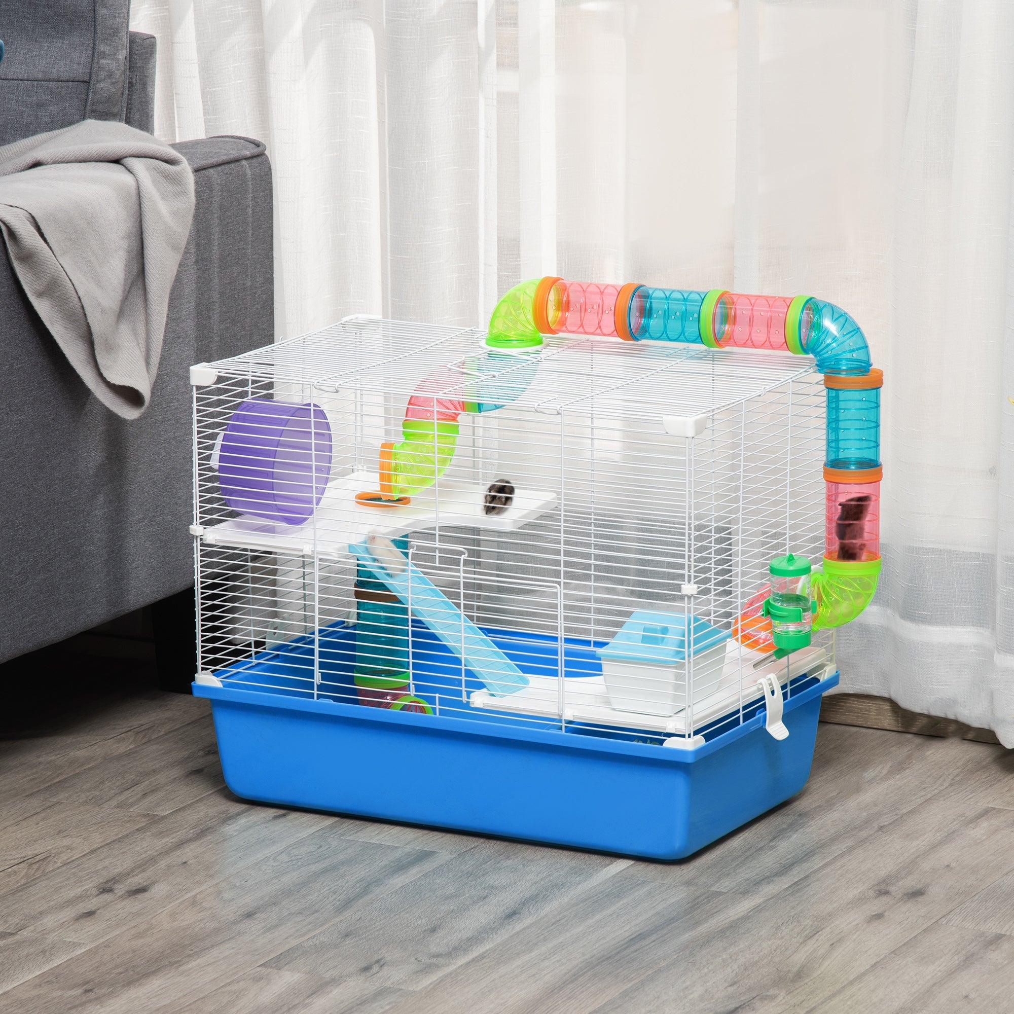 Hamster Cage, Gerbil Cage 3 Tier for Dwarf Hamster with Tube, Exercise Wheel, Water Bottle, Food Dish 59 x 36 x 47 cm- Blue