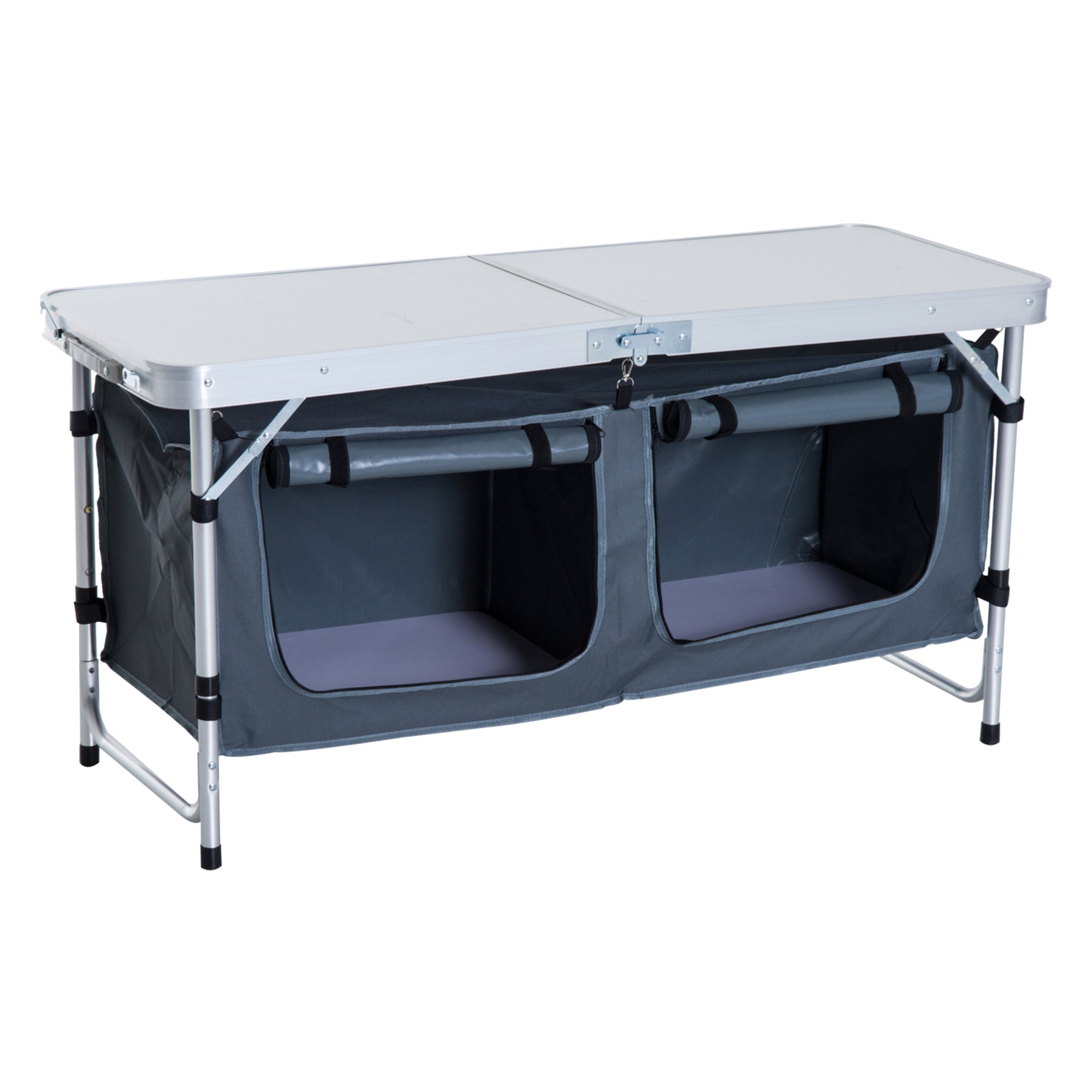 4ft Folding Camping Cupboard Kitchen, Height Adjustable Aluminium Camping Table with Storage, Lightweight Picnic Table for Outdoor Garden BBQ Party