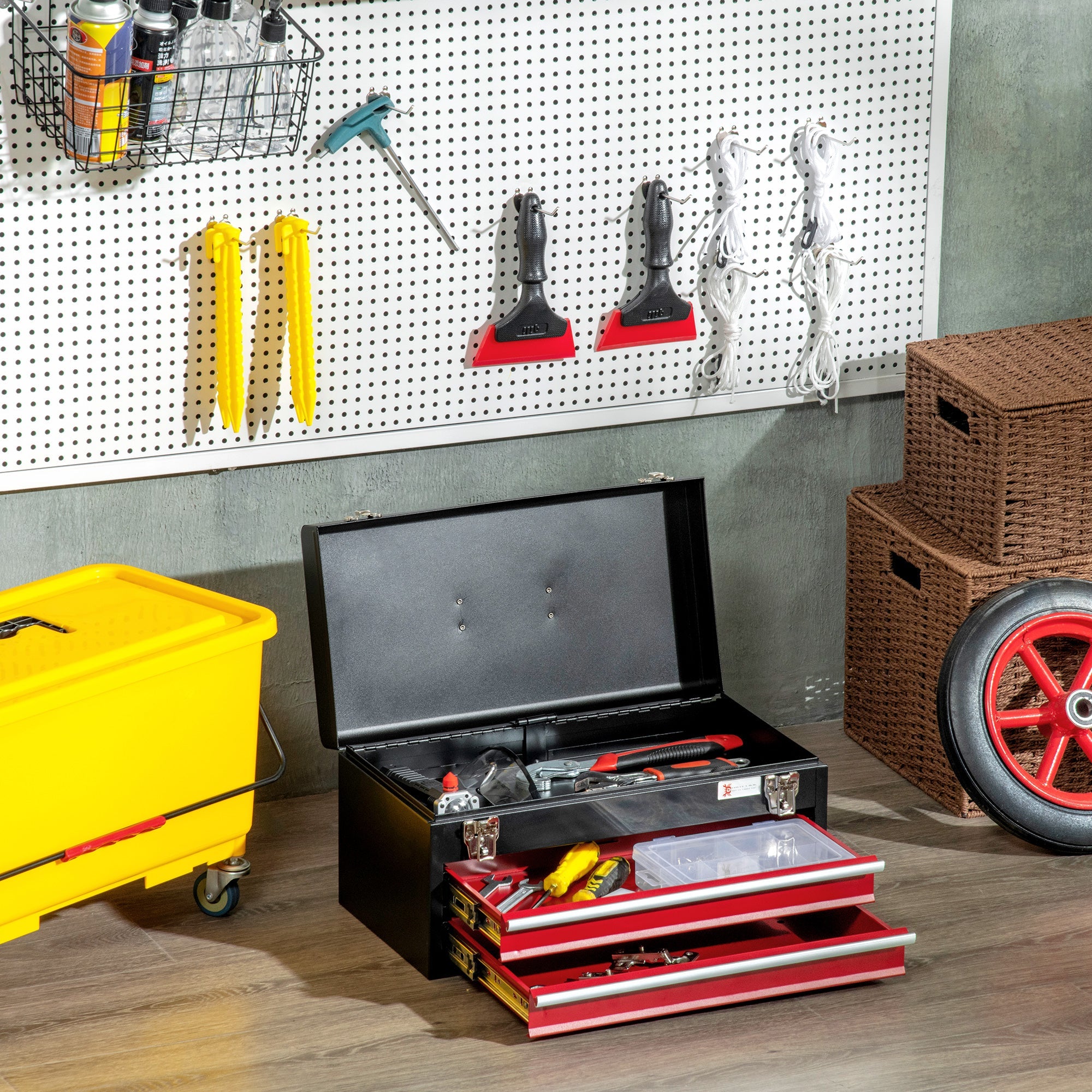 2 Drawer Tool Chest, Lockable Metal Tool Box with Ball Bearing Runners, Portable Toolbox, 460mm x 240mm x 220mm, Black