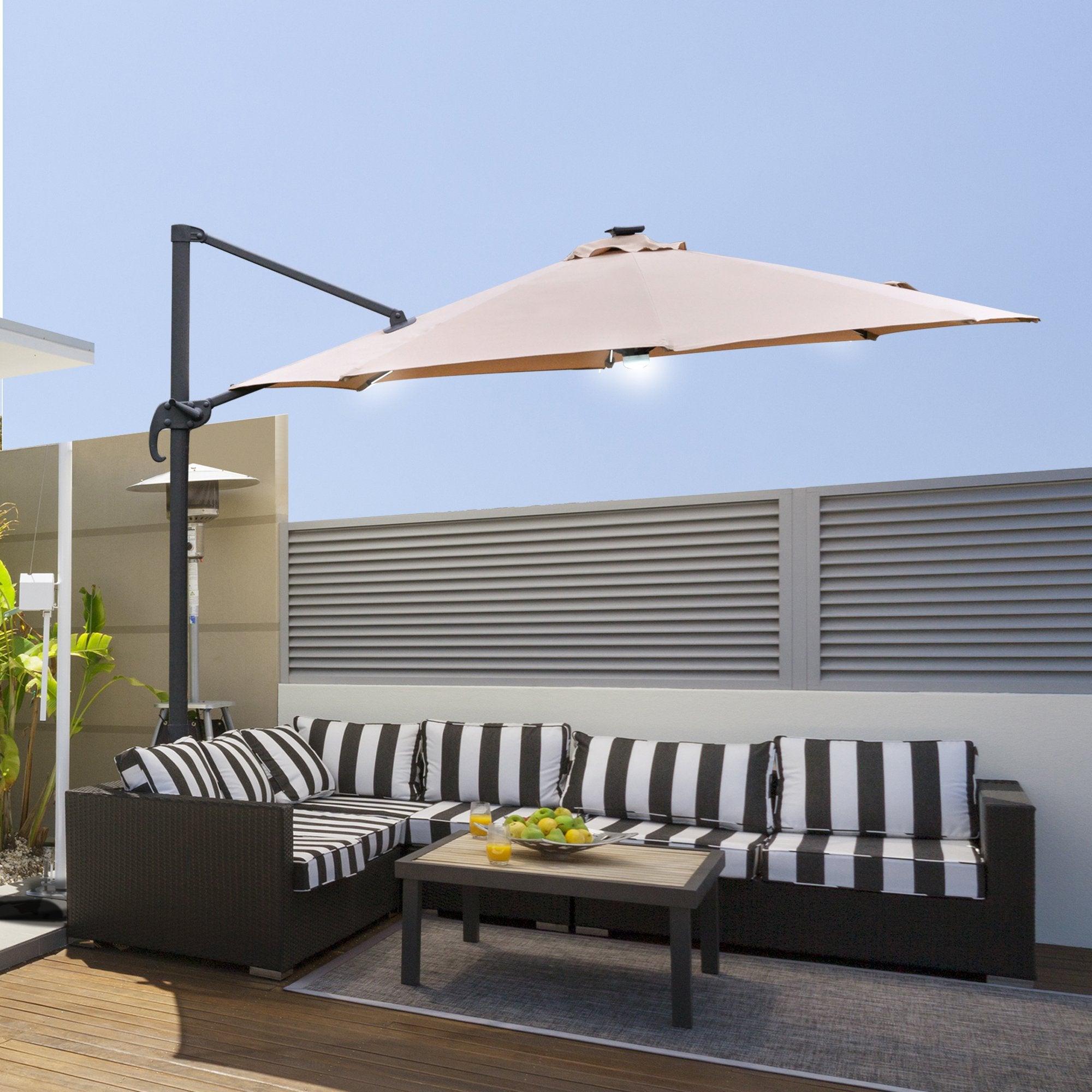 3(m) LED Cantilever Parasol Outdoor Sun Umbrella w/ Base Solar Lights Brown