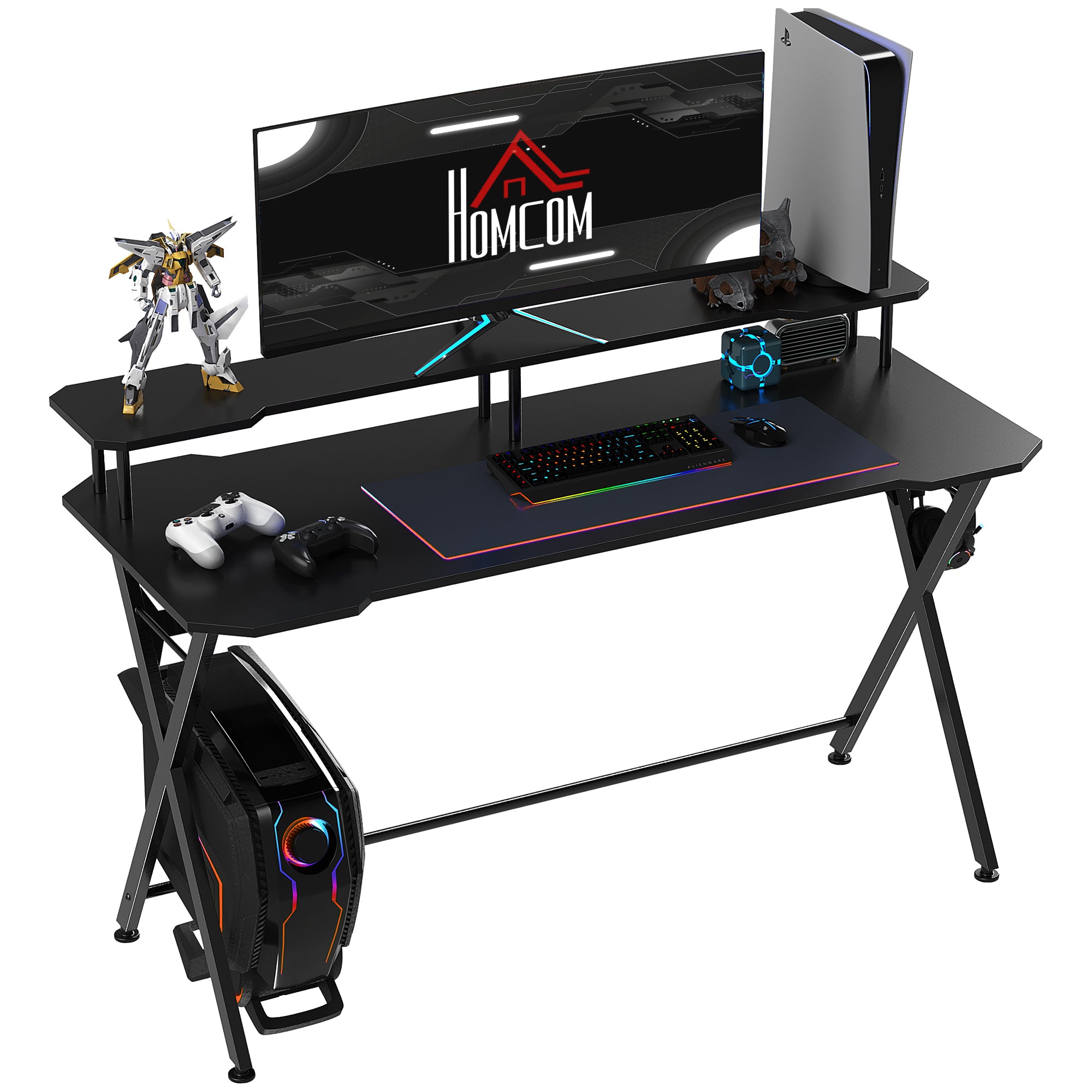 Gaming Desk Writing Racing Computer Table Workstation with Headphone Hook Curved Front Adjustable Feet for Home Office Use 140 x 60cm