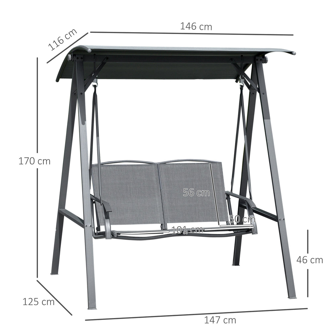2 Seater Garden Swing Seat Swing Chair, Outdoor Canopy Swing Bench with Adjustable Shade, Metal Frame and Texteline Seat, Dark Grey