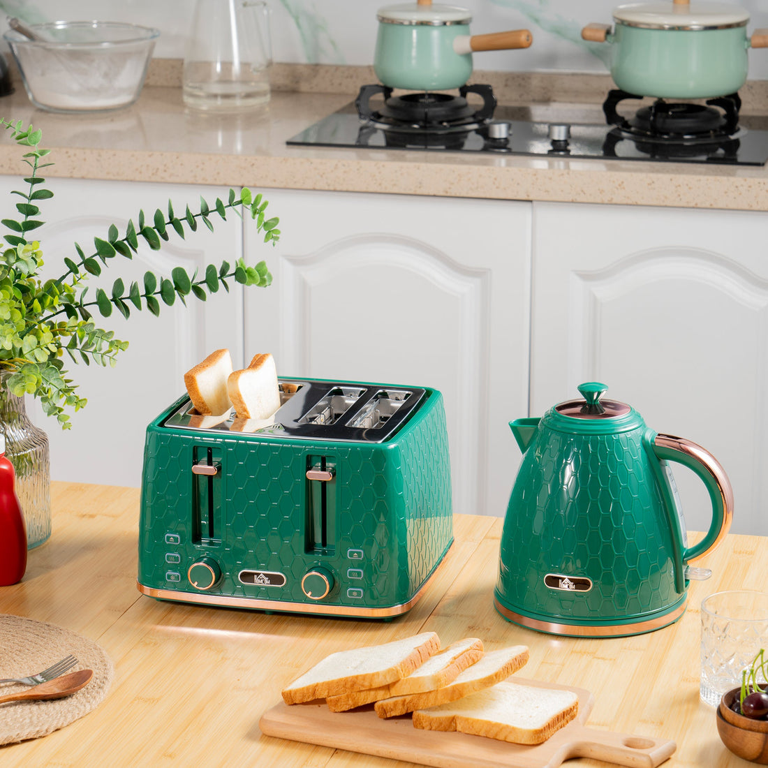 Kettle and Toaster Set, 1.7L 3000W Fast Boil Jug Kettle with Auto Shut Off, 4 Slice Toaster with 7 Level Browning Controls & Crumb Tray, Green