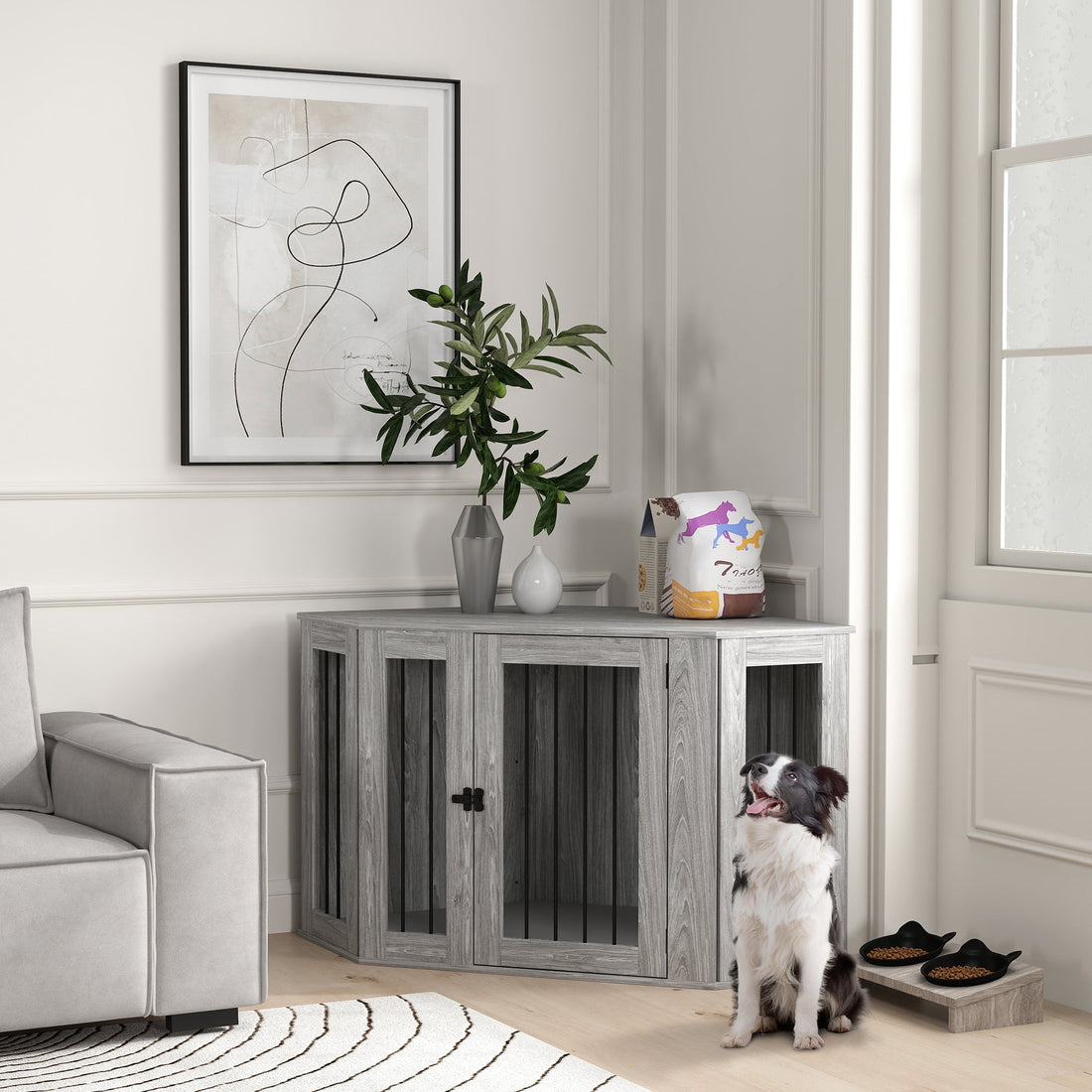2 in 1 Dog Crate Furniture Side Table, with Cushion, 122 x 61 x 71cm - Grey