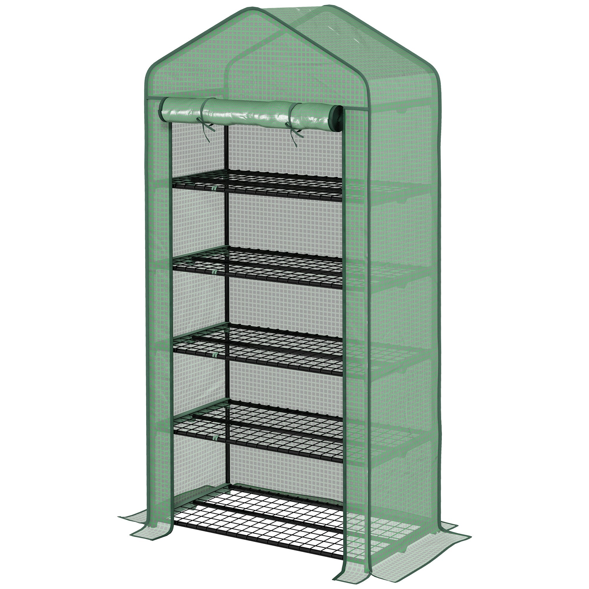 5 Tier Widened Mini Greenhouse with Reinforced PE Cover, Portable Indoor Outdoor Green House with Roll-up Door and Wire Shelves, 193H x 90W x 49Dcm, Green