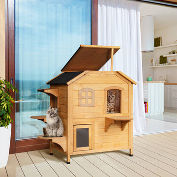  2-story Cat House Outdoor, Weatherproof Wooden Cat Enclosure for Feral Cats with Escape Door, Openable Roof, Jumping Platforms, Natural Wood Finish