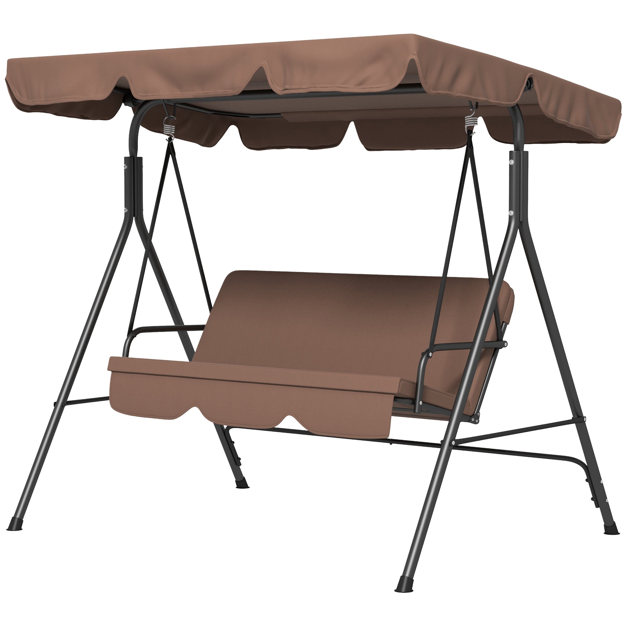 3 Seater Garden Swing Chair, Outdoor Swing Chair with Adjustable Canopy, Mental Frame & Cushions, Brown