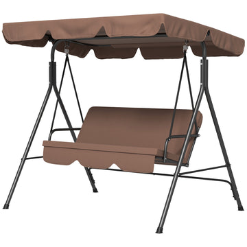 3 Seater Garden Swing Chair, Outdoor Swing Chair with Adjustable Canopy, Mental Frame & Cushions, Brown