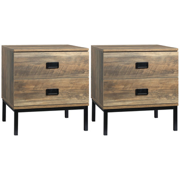 Retro Bedside Table, End Side Table with 2 Drawers, Metal Frame for Bedroom, Living Room, Set of 2, Coffee