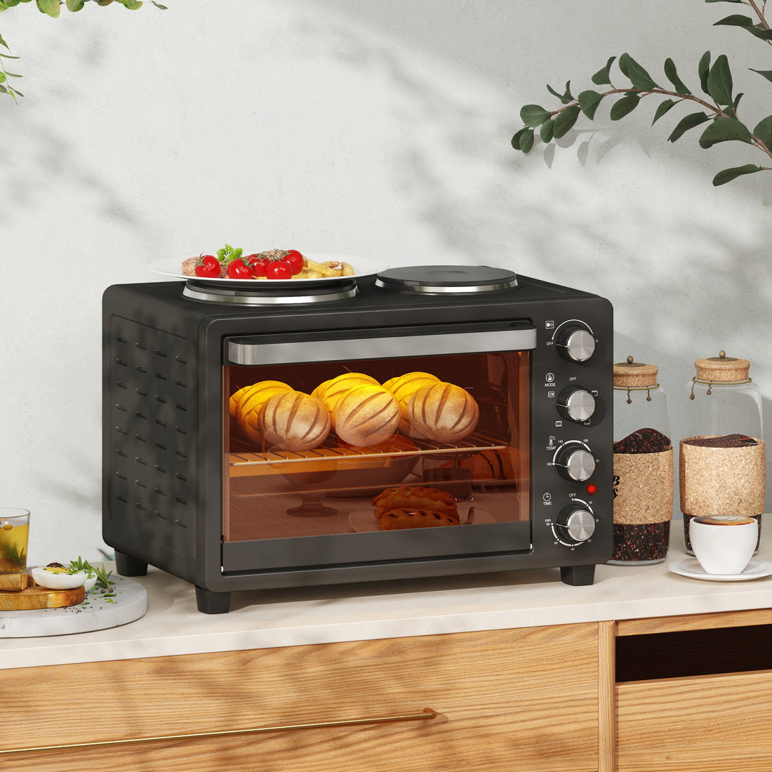28L Mini Oven with 2 Hot Plates, Countertop Toaster Oven, Grill, Roast, Bake, Boil, with Timer, Adjustable Temperature, Electric Oven with Baking Tray, Grill Rack, Crumb Tray, 2600W, Black