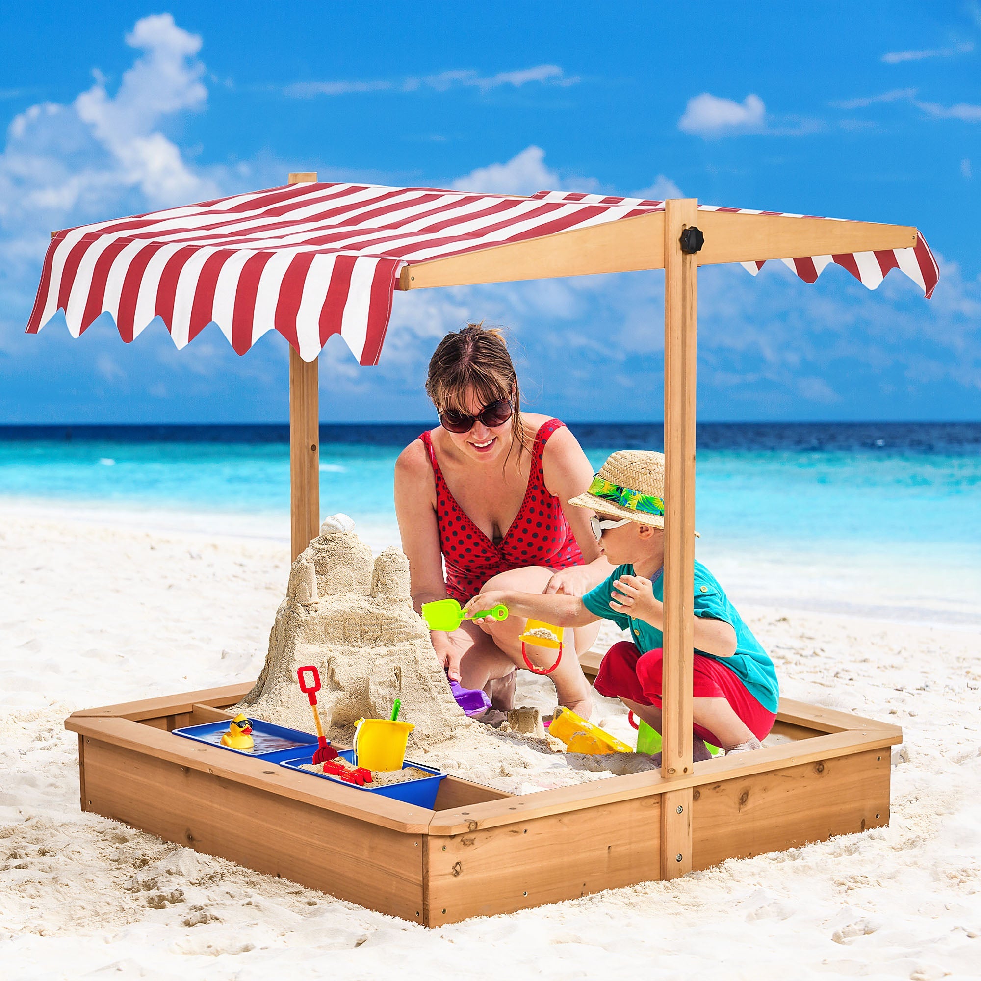 Sand Pit Kids Wooden Sandbox with Cover Children Sandpit Play Station Height Adjustable with Canopy, Bottom Liner, Plastic Basins for Outdoor Aged 3-7 Years