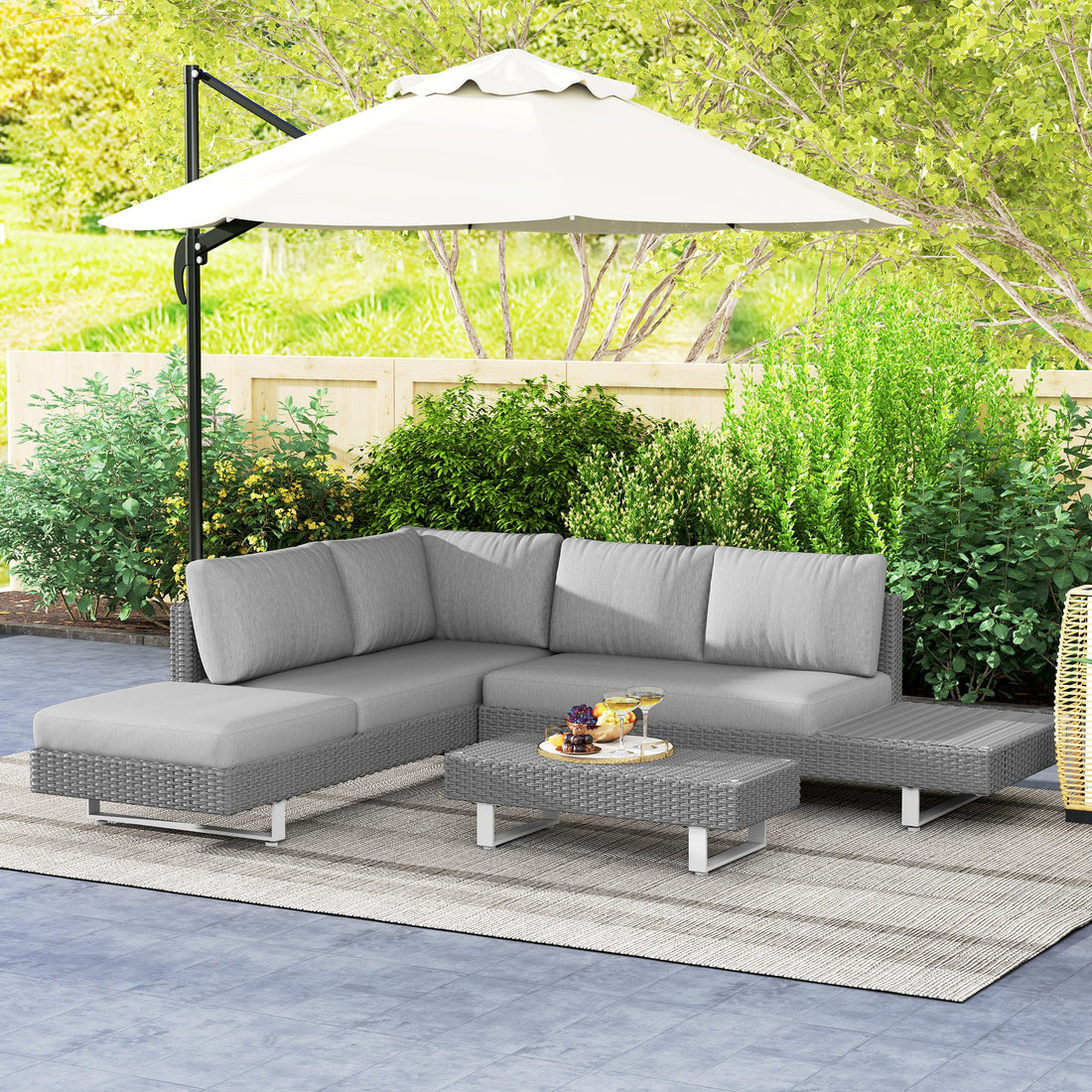 5-Seater Rattan Wicker Sofa Set Furniture Patio Tea Table Set with Cushions, Light Grey
