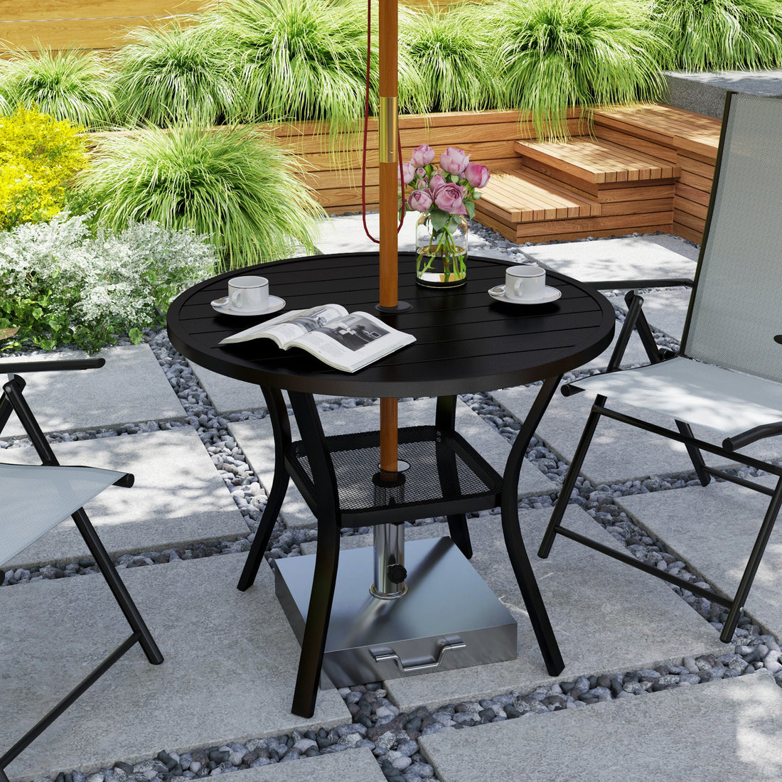 90 cm Garden Dining Table with 4-5 cm Parasol Hole, Round Outdoor Dining Table, Steel Garden Table with Slatted Metal Top and Wire Shelf for Balcony, Porch, Black