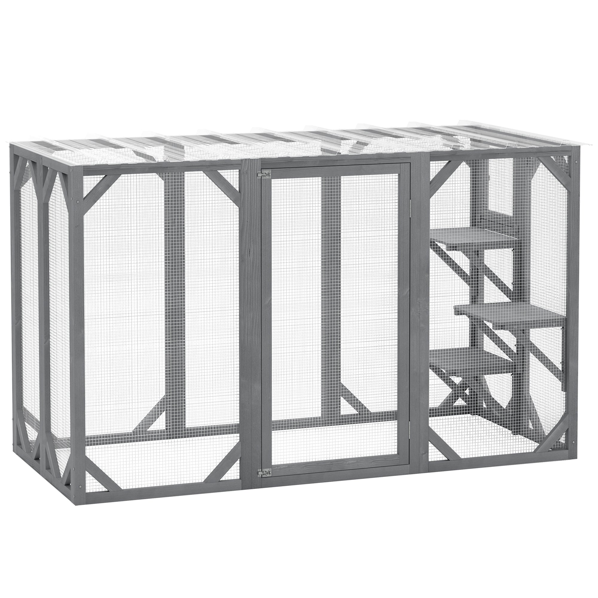 71" Outdoor Wooden Cat House with Three Platforms, Large Door, Water-Resistant Roof, for Multiple Cats, Grey