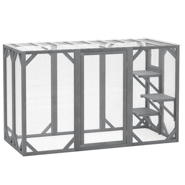 71" Outdoor Wooden Cat House with Three Platforms, Large Door, Water-Resistant Roof, for Multiple Cats, Grey