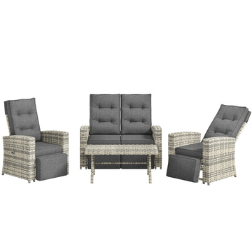 4 Piece Rattan Garden Furniture Set Outdoor Sofa Sectional Set with Glass Top Table for Poolside, Light Grey