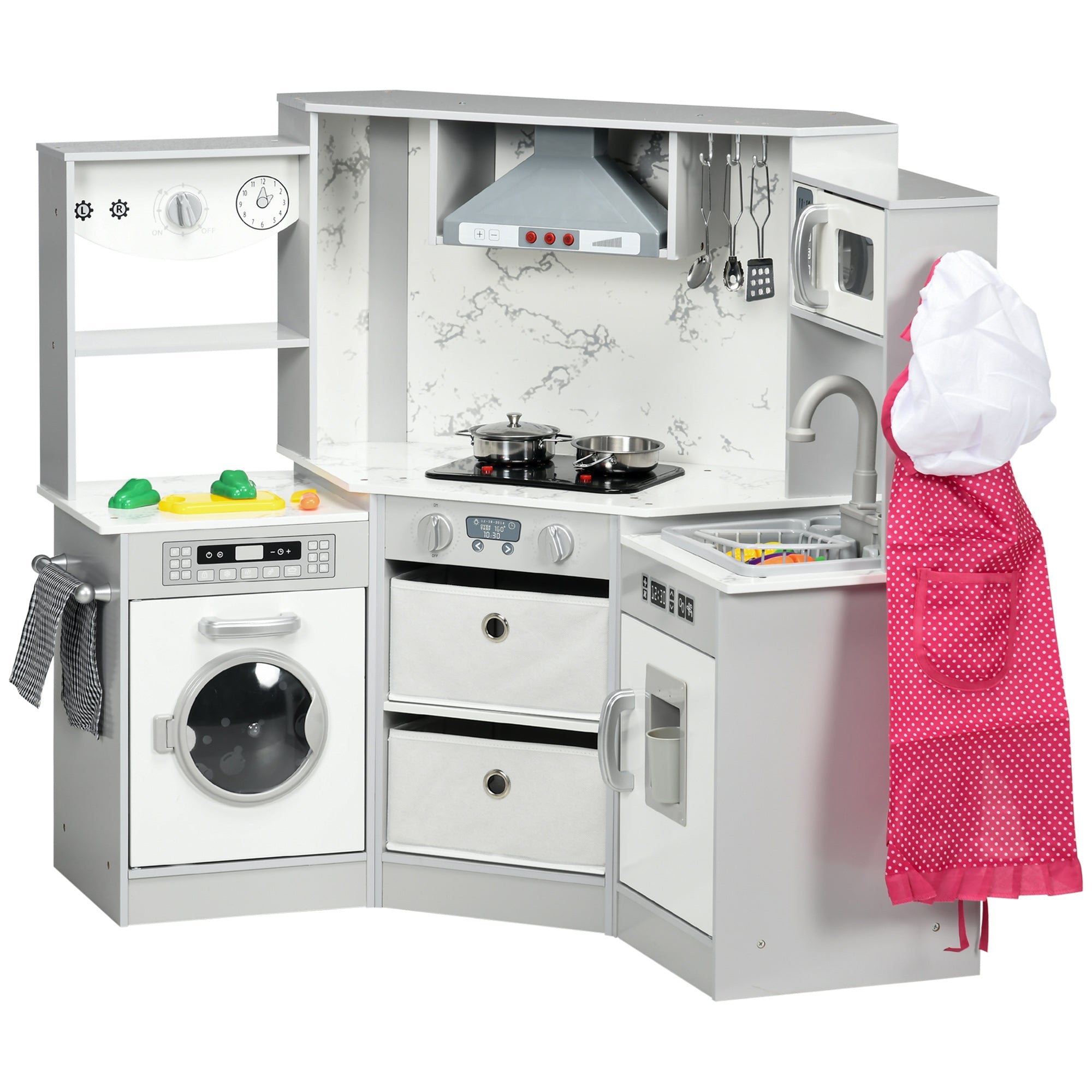 Toy Kitchen with Running Water, Lights, Sounds, Apron and Chef Hat, Water Dispenser, for Ages 3-6 Years, Grey