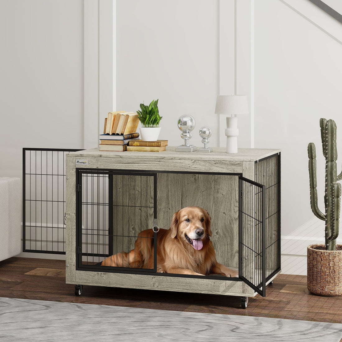 Dog Crate Furniture with Wheels, Double Doors, for Large Dogs, 100 x 60 x 73.5cm, Grey